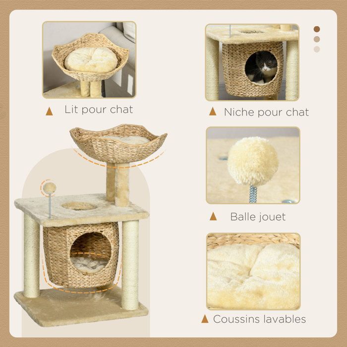 Cat tree scratching post - PawHut - cattail climbing tree with 1 den, basket, pom-pom, play tower - plush - height 74 cm - beige