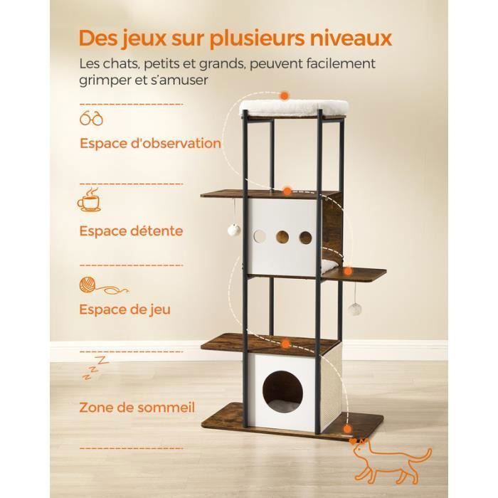 Árbol rascador para gatos, 153 cm, con postes rascadores, cojines extraíbles y lavables, plataformas grandes, color marrón rústico.