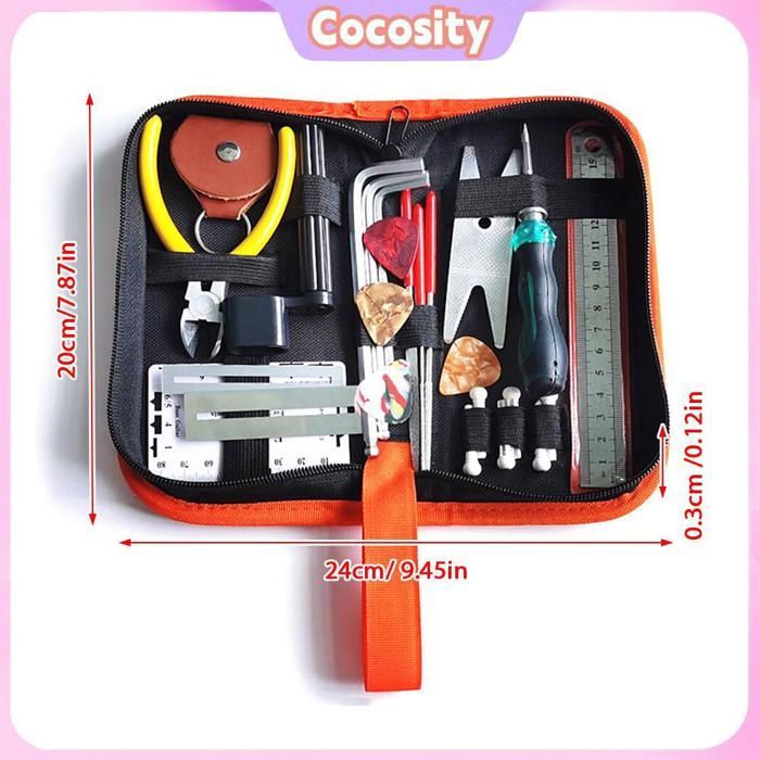Kit di attrezzi per chitarra da 26 pezzi, kit portatile per la manutenzione di chitarra con borsa per il trasporto, per basso, ukulele e chitarra.