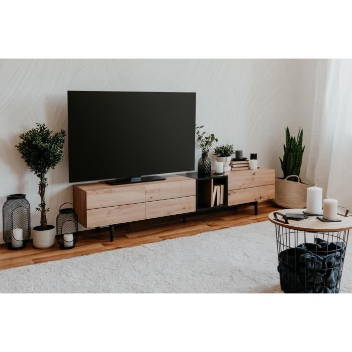 TV-meubel met 3 neerklapbare deuren - Eikenhout en zwarte afwerking - B 195 x D 37 x H 48 cm - NOLA