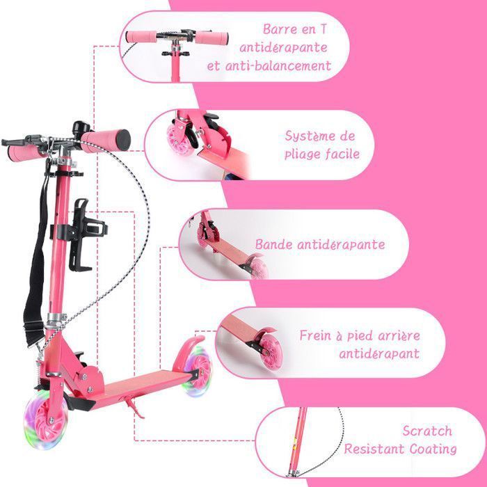 Monopattino per bambini - LED - Pieghevole - Altezza regolabile - 2 ruote - Portata massima 100 kg
