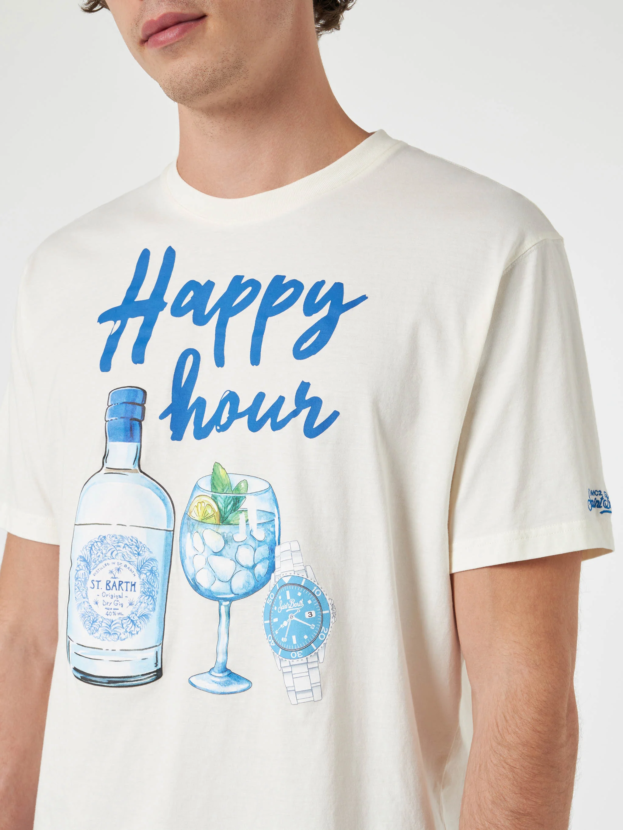 Heren katoenen T-shirt met Happy Hour-print.