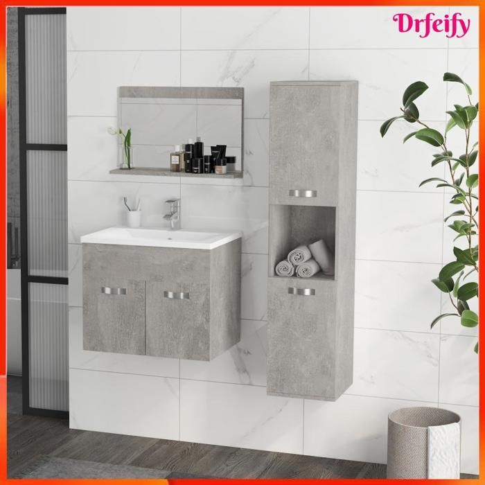 Ensemble de meubles de salle de bain - AKOZON - 8643 - 4 pièces - Gris - Suspendu - Vasque céramique