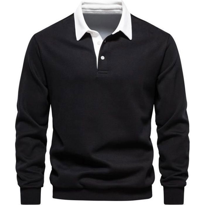 Jersey de manga larga para hombre, informal, de color liso, tejido cómodo, ideal para primavera y otoño - Talla europea - Negro