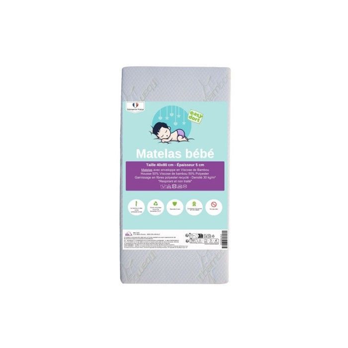 EASY DORT - Materasso per culla in bambù 40x80 cm - Densità 30 kg - Prodotto in Francia