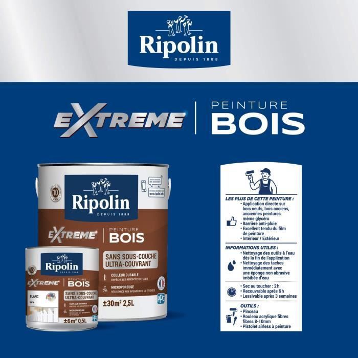 RIPOLIN Peinture Bois Satin Haute Protection 10 ans qui Protège et Magnifie vos Bois - Gris bouleau