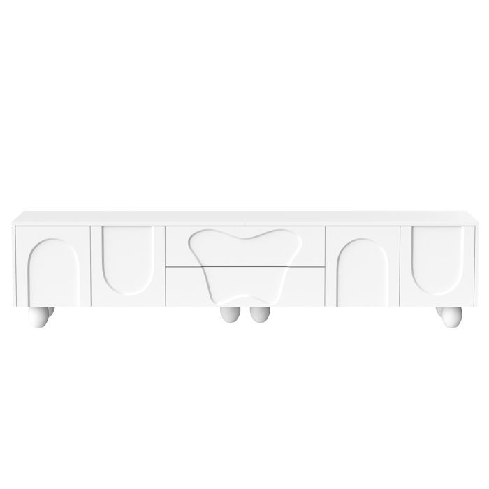 Meuble TV - MODERNLUXE - 180x40x42 cm - 2 tiroirs, 4 portes - Pieds bois massif - Blanc