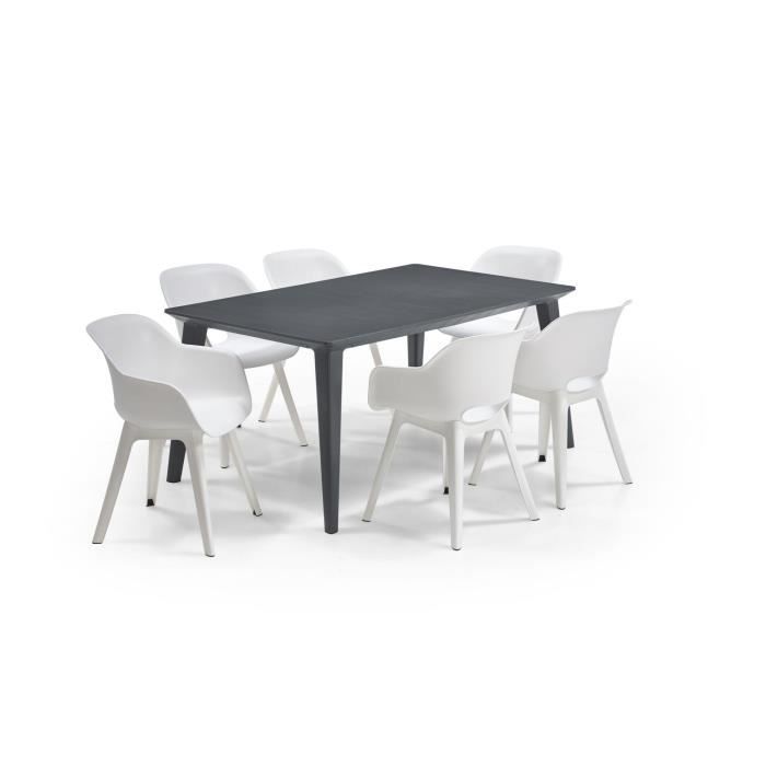 Mesa ALLIBERT GARDEN LIMA 160x100cm - Grafito + 3 juegos de 2 sillones AKOLA Blanco - Resina