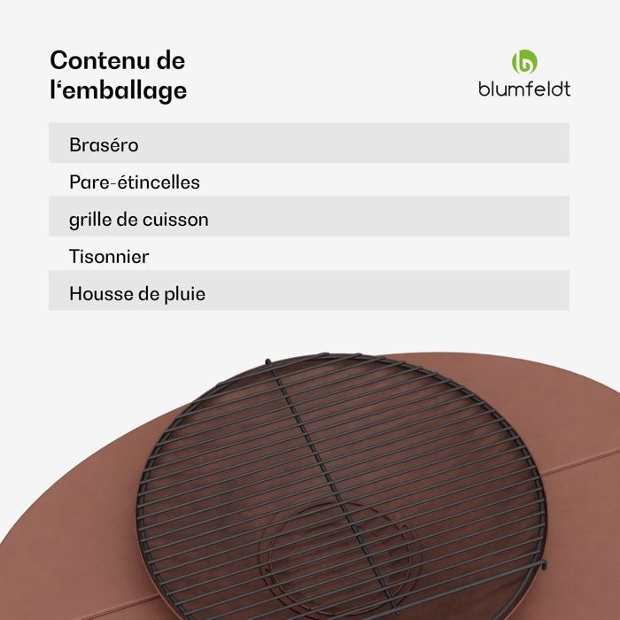Barbacoa y mesa Blumfeldt Ebeko 3 en 1, brasero de acero resistente, incluye rejilla protectora contra chispas y atizador, y compartimento para leña.