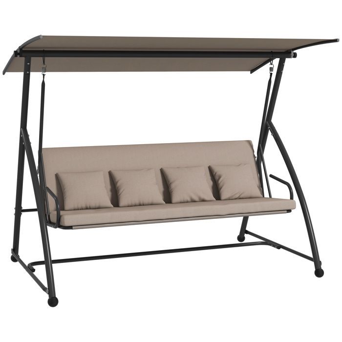 Balancelle de jardin - Outsunny - 3 places - convertible - toit inclinaison réglable, coussin - 218 x 120 x 168 cm - marron clair