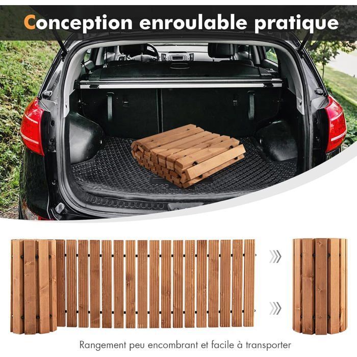 Camino de jardín de madera enrollable COSTWAY de 245 cm, resistente a la intemperie, 43 x 4,5 cm, con alambre de acero y textura antideslizante para patio.