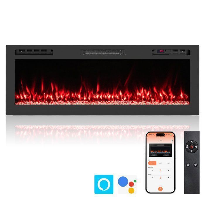 Cheminée Électrique Mural/Encastré Contrôle Vocal/APP/Télécommande COSTWAY-750W/1500W-LED Ambiance-Pierre de Cristal-Minuterie 12H