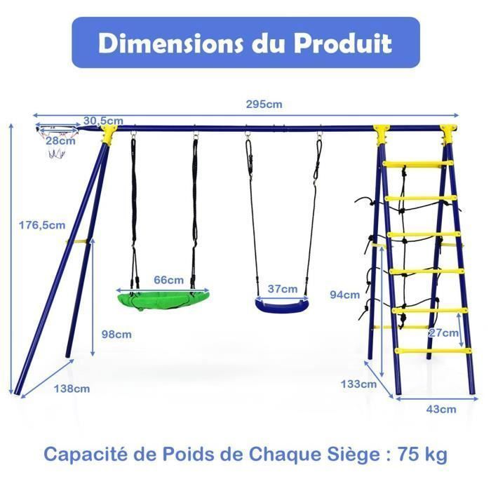 Columpio infantil COSTWAY con 2 columpios (5 en 1), aro de baloncesto, red para trepar y 1 escalera de escalada (en forma de A) - Capacidad de carga de 75 kg
