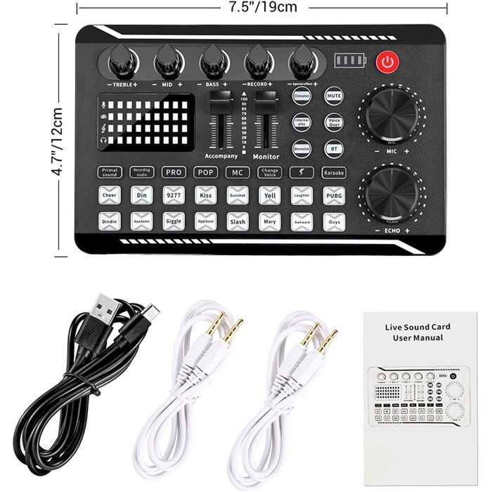 Podcast de la tarjeta de sonido en vivo F998, mezclador de audio, cambiador de voz para efectos de sonido y micrófono de karaoke.