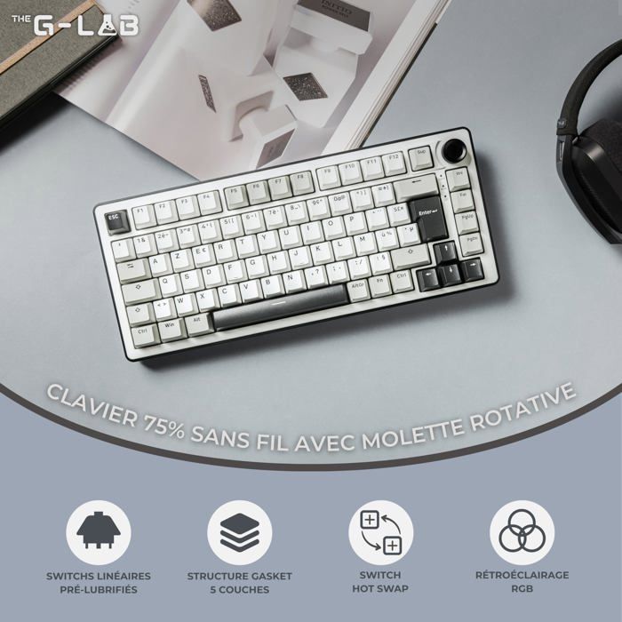 Clavier gamer mécanique - THE G-LAB - KEYZELITE300WG - TKL 75% - Tri-mode Bluetooth/2.4GHz/USB-A - Hot-swap