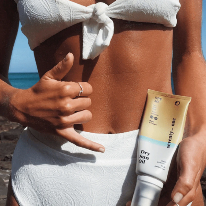Óleo solar seco SeventyOne FPS 30, protetor solar seco para rosto, corpo e cabelo.