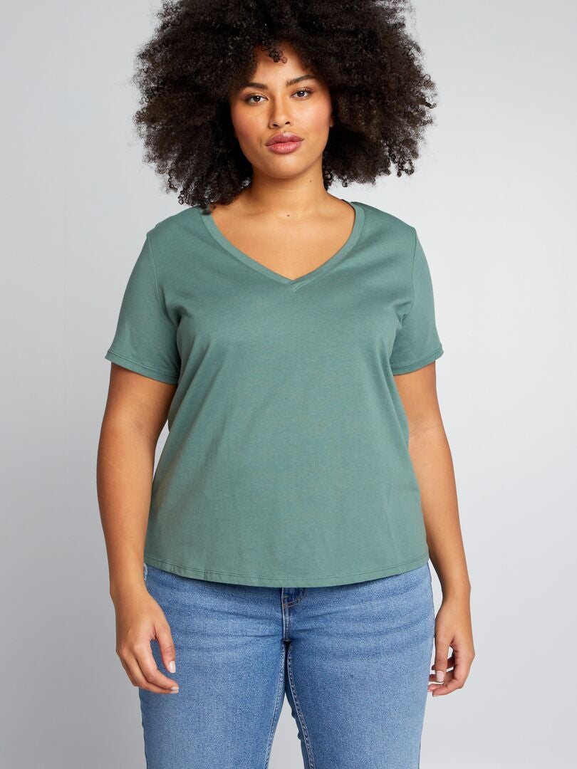 Camiseta de punto con cuello en V - VERDE