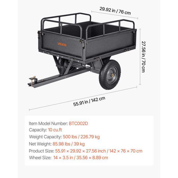 Remolque basculante VEVOR 283L - Remolque de acero para tractor cortacésped - Capacidad de carga 226,8 kg