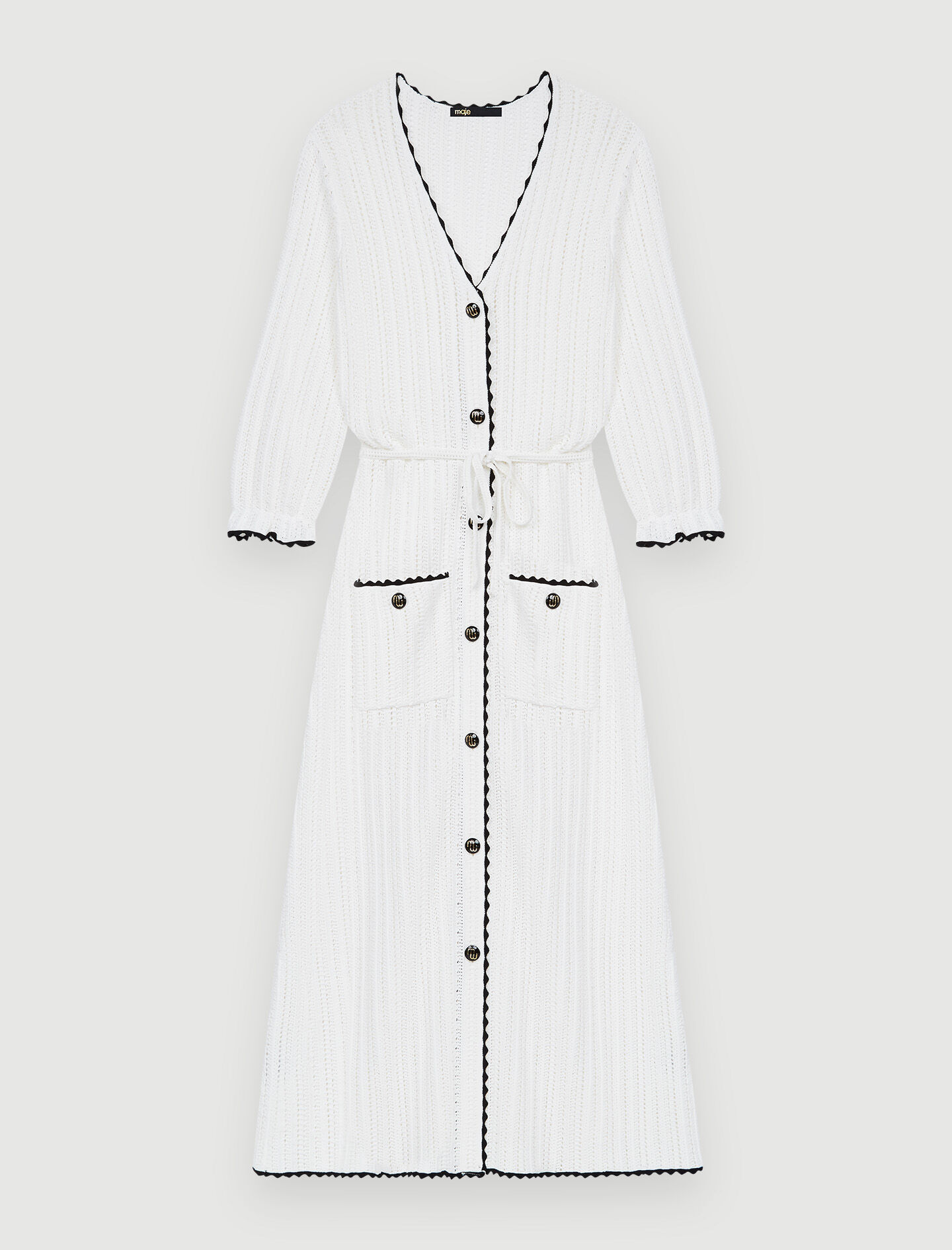Cardigan lung cu imprimeu ajurat în alb contrastant
