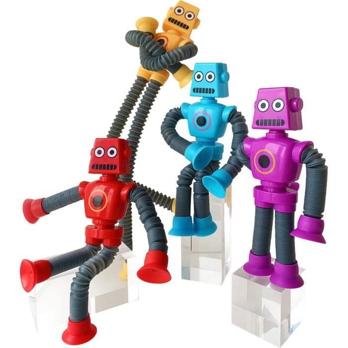 Robot de juguete de 4 piezas, juguetes sensoriales con ventosa telescópica, juguetes de plástico con luces, juguetes para niños y adultos.