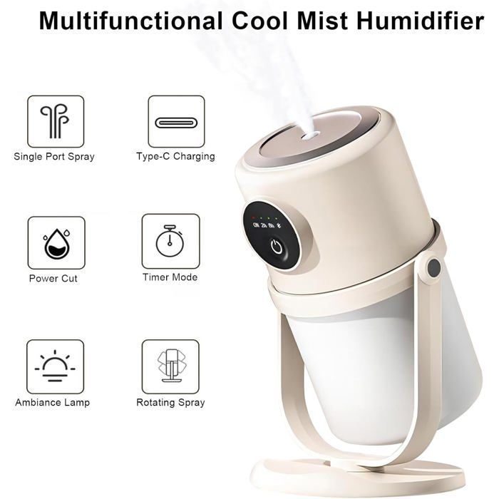 Luftbefeuchter – No-Name-Produkt – 280 ml – Leiser Ultraschall – 360°-Drehung – Integriertes Nachtlicht