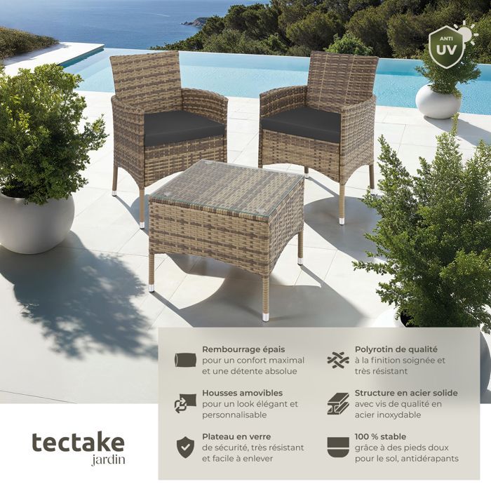 Muebles de jardín - TECTAKE - Conjunto de salón de exterior LUCERNE para 2 personas con mesa y 2 fundas - Marrón natural