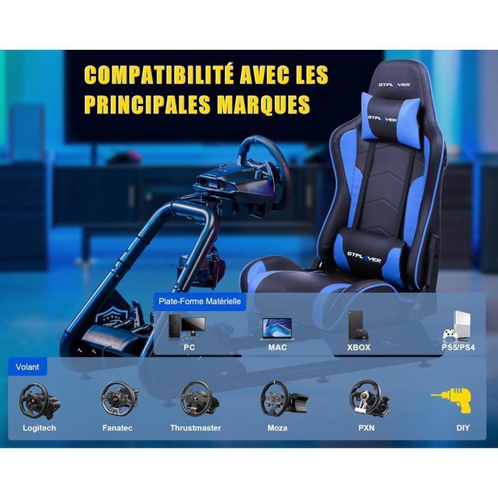 Simulador de conducción, soporte para volante, asiento de simulación para PC con altavoces, azul
