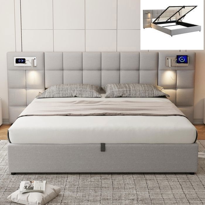 Cama doble - LANGTU - Cama tapizada - 180x200 cm - Puerto USB y carga inalámbrica - Almacenamiento hidráulico