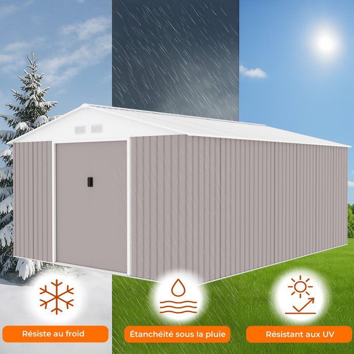 Abri de jardin en métal 15,16 m² - 340 x 446 x 210 - SATURNE - Kit d'ancrage inclus, 2 portes coulissantes - Taupe