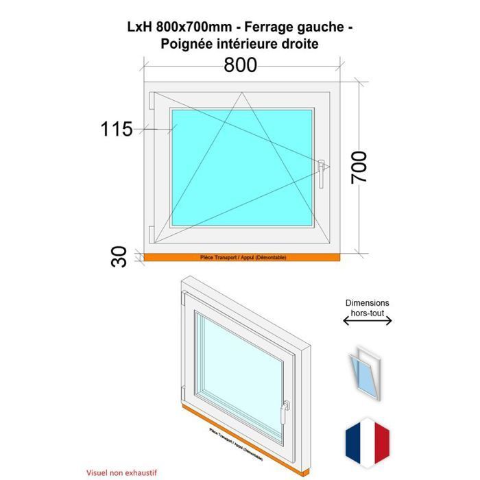 Fenêtre PVC - LxH 800x700 mm -Triple Vitrage - Blanc -poignée à droite