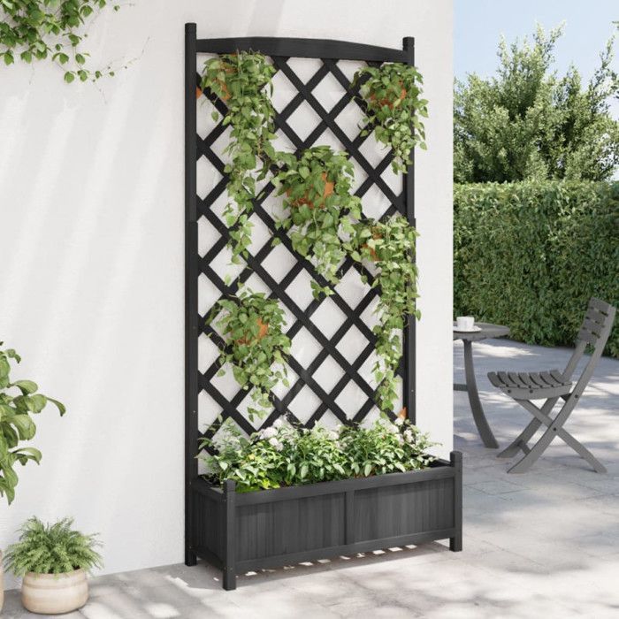 vidaXL Jardinière avec Treillis, Lit Surélevé, Bac à Fleurs, Pot de Plantes, Boîte à Fleurs Jardin Patio Terrasse, Noir Bois 365493