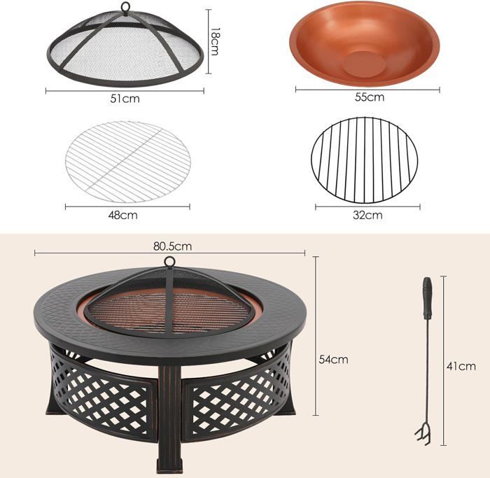 Braséro Barbecue Exterieur avec Housse de Protection, 3 en 1 Cheminée de Jardin, 80x80x54cm, Chauffage en Hiver