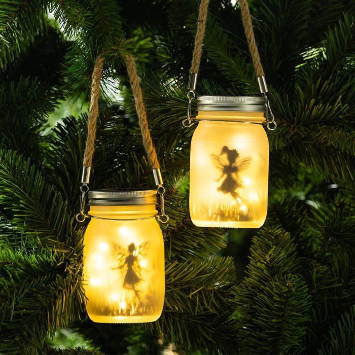 Set van 2 buitenlantaarns op zonne-energie - Decoratieve Mason Jar-lamp op zonne-energie voor feesten, tuinen en buitendecoratie (warm wit)
