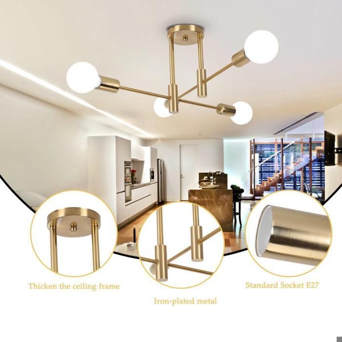 WOTTES Industriële Plafondlamp, 4 Lampen E27 Retro Vintage Metalen Plafondlamp, Moderne Koperen Woonkamer Kroonluchter