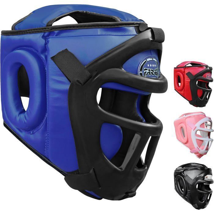 Casque de Boxe - Farabi Sports - Grille Amovible - Muay Thai - Sparring Arts Martiaux Kickboxing - Bleu