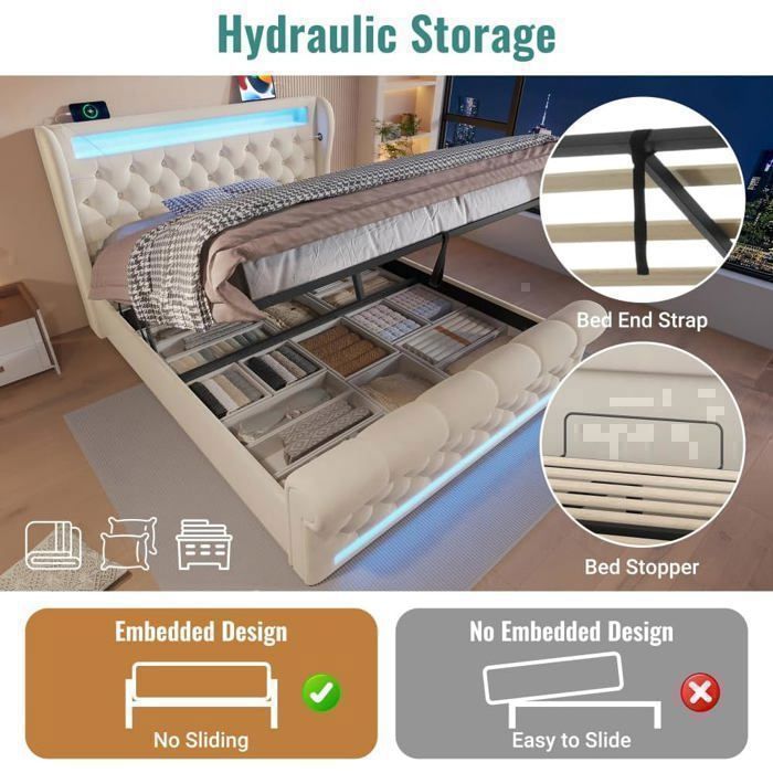 Cama doble tapizada Lemonbest con iluminación LED, 160 x 200 cm, cama con almacenamiento, sistema hidráulico y puertos USB y tipo C, terciopelo + beige.