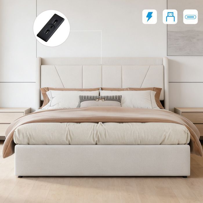 Lit coffre 160x200cm avec ports USB et Type C, lit adulte 160x200 cm avec rangement hydraulique, sommier à lattes, tissu lin, beige