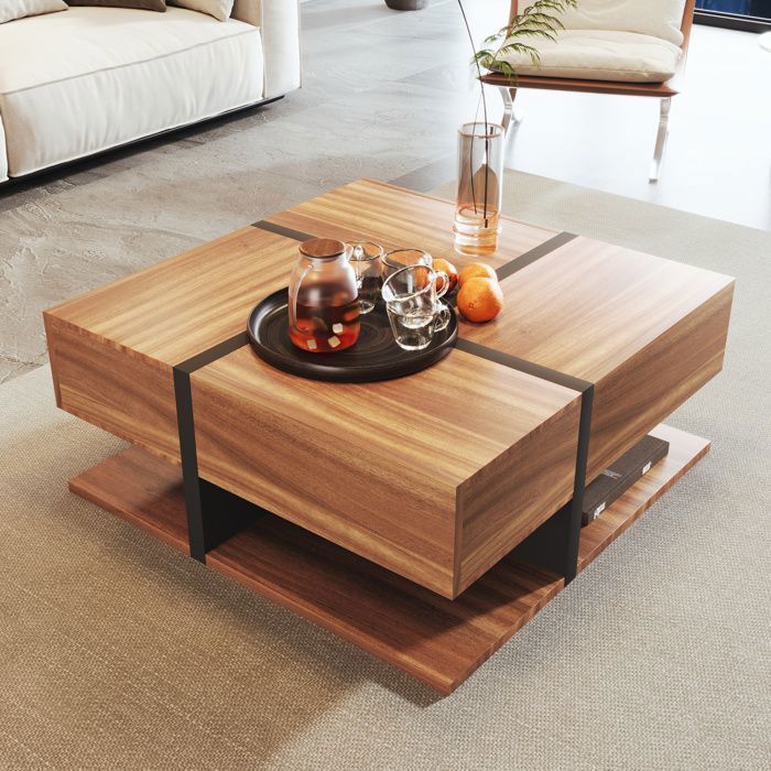 Square coffee table with 4 storage drawers, modern design, living room furniture, 78x78x36cm, natural wood