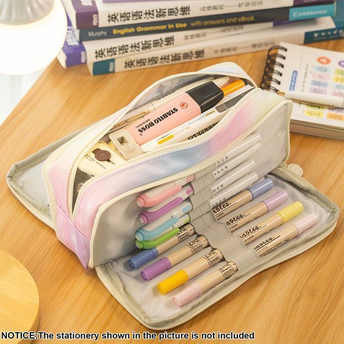Pencil Case for Teenagers and Girls - 3 Compartments - Large Capacity - for School and Office (Pink Shooting Star)