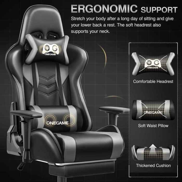 Chaise gamer ergonomique inclinable 165° avec repose-pieds, soutien lombaire et assise épaisse