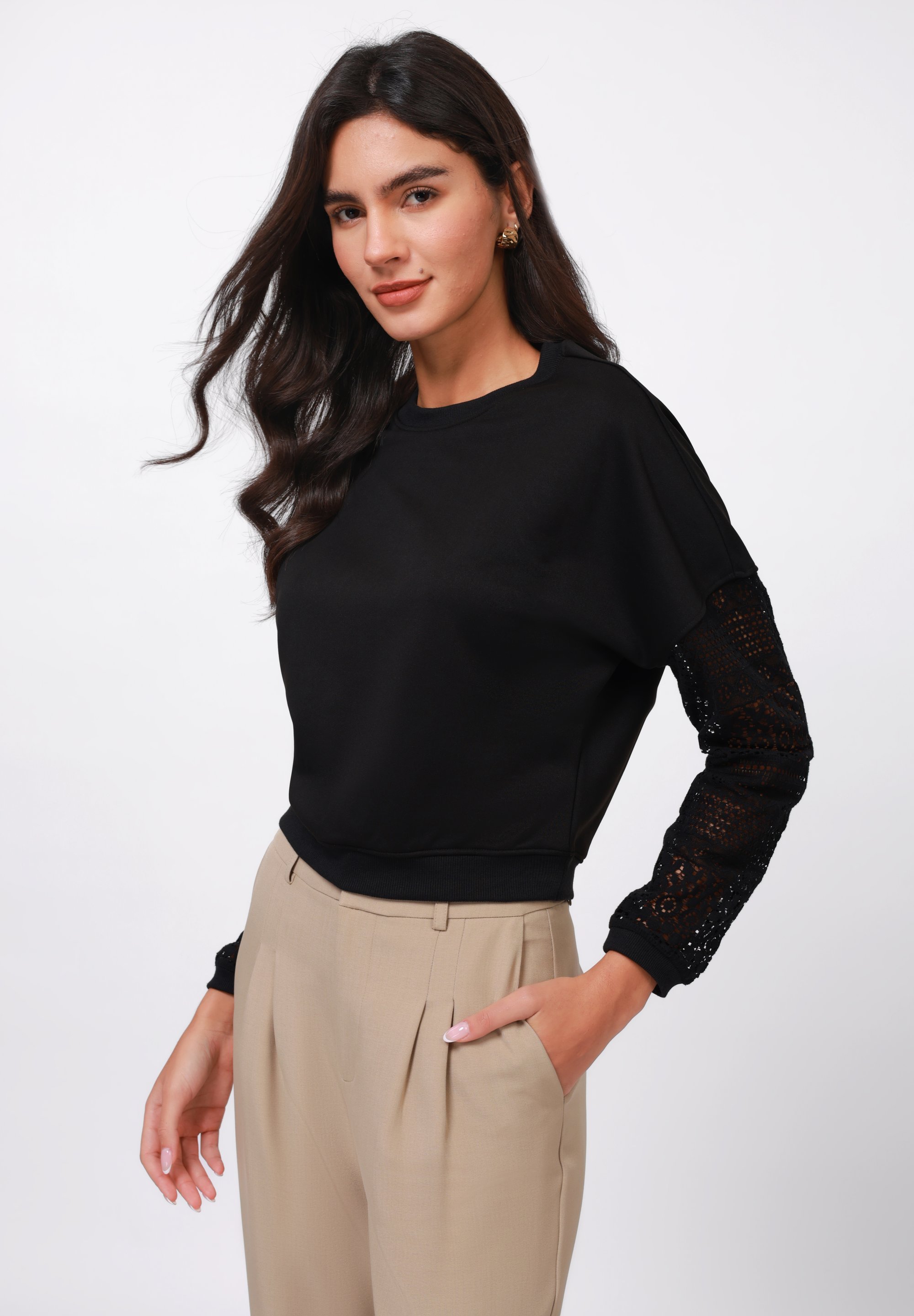 Anna Field sweatshirt met kanten mouwen - zwart