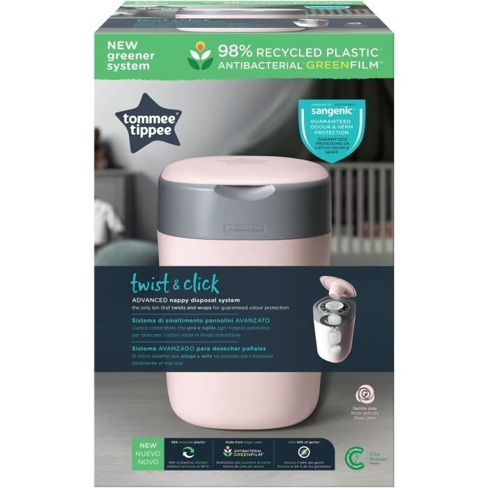 Tommee Tippee Twist & Click Odor-Proof Nappy Bin, Includes 1x Cassette with Antibacterial Multi-Layer Film - Pink