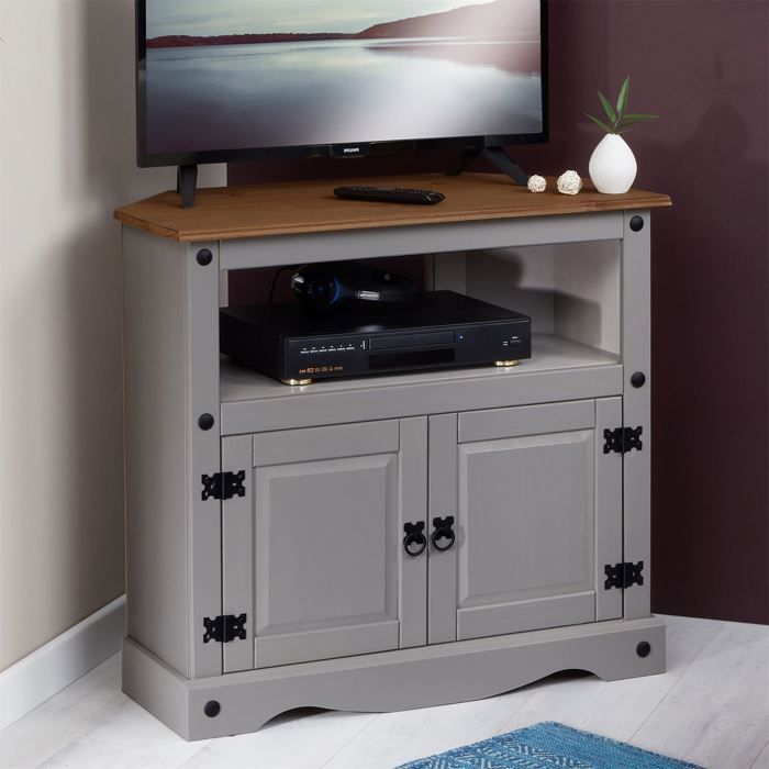 Mueble para TV RAMON, banco para TV de pino macizo gris y marrón con 2 puertas y 1 nicho, mueble de almacenamiento de madera de estilo mexicano.