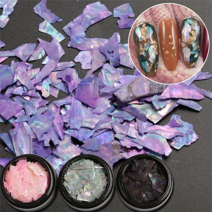 Ornement à ongles exclusif japonais, très populaire : fragments d'ormeau, coquillages teints naturellement, boîte de 9 couleurs