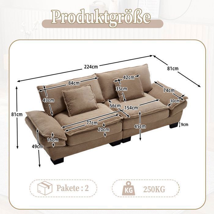 DRIPEX 3-Seater Corduroy Sofa with Pillows, Back Cushions and Armrests, Plastic Feet, Khaki
