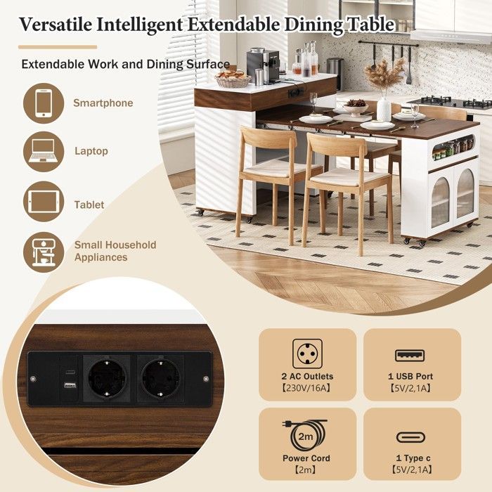 Keukeneiland op wielen, uitschuifbare eettafel met stopcontacten, blad van geribbeld glas, dressoir met één lade, wit en walnoot