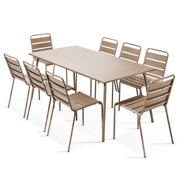 Ensemble table de jardin et 8 chaises en métal taupe Palavas, Oviala