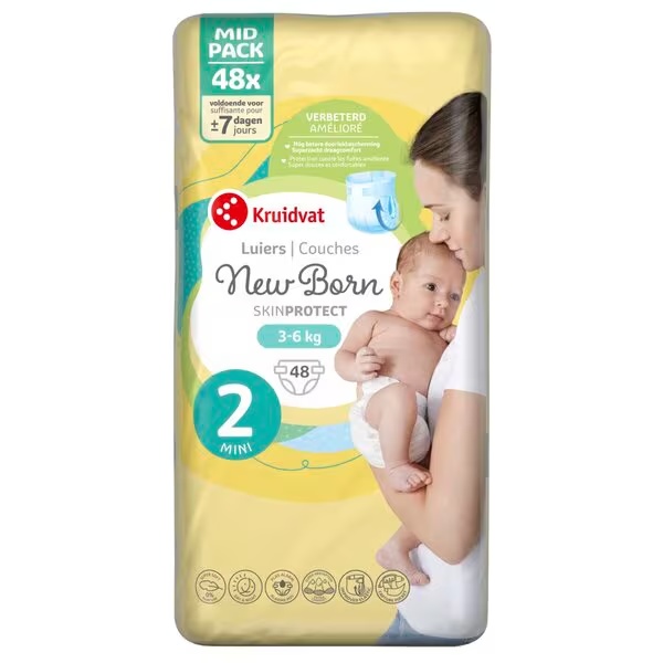 Kruidvat 2 mini plenice za novorojenčke, srednje pakiranje, velikost 2 (3-6 kg), 48 kosov