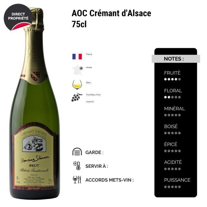 Crémant d'Alsace Méthode Traditionnelle BRUT Blanco - Paquete de 3 x 75 cl - Domaine Schirmer - Vino espumoso AOC Blanco de Alsacia