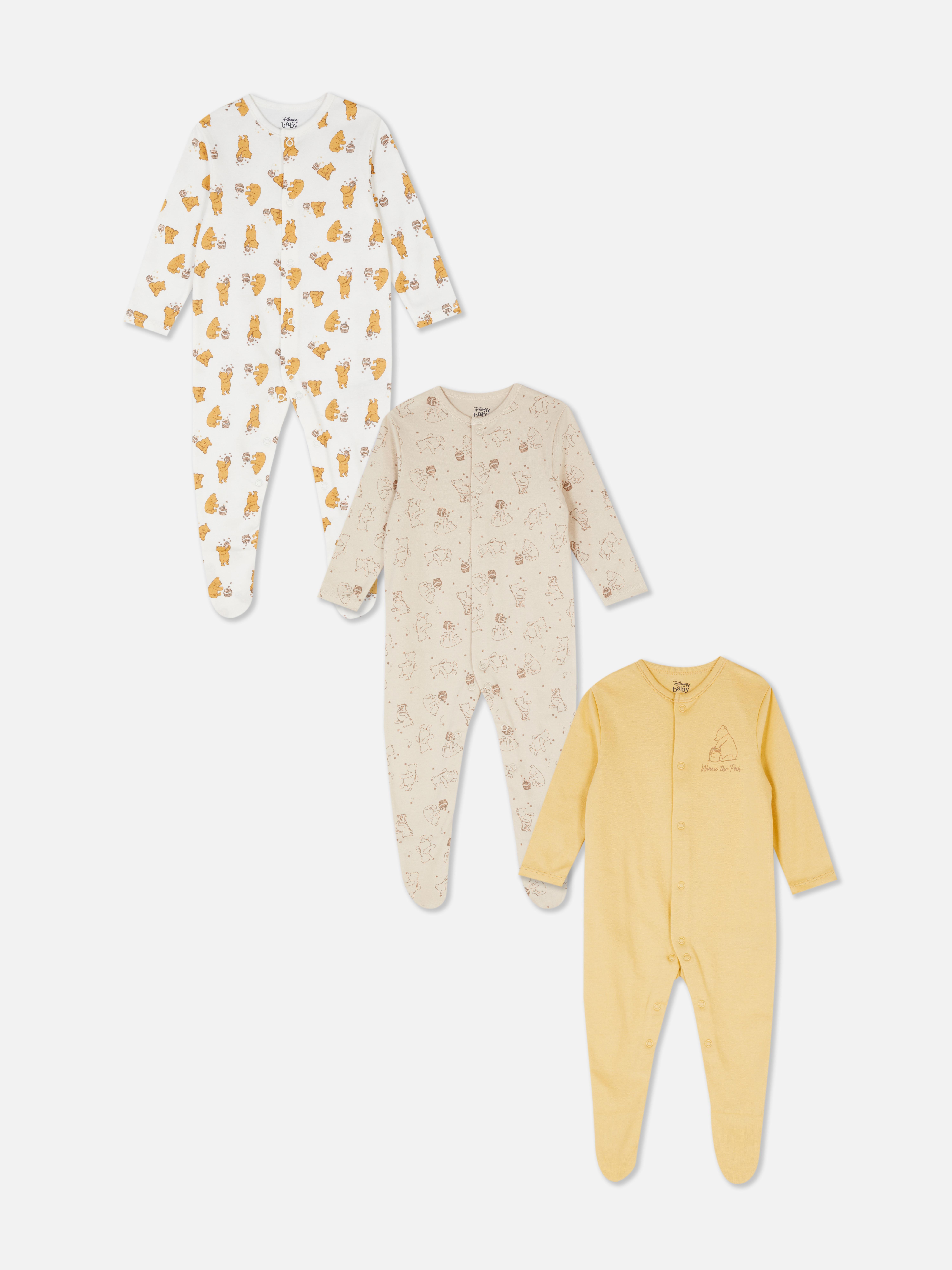 Pijamale, Disney Winnie the Pooh, set de 3 salopete Disney pentru bebeluși cu mâneci lungi, închidere cu capse și piciorușe atașate